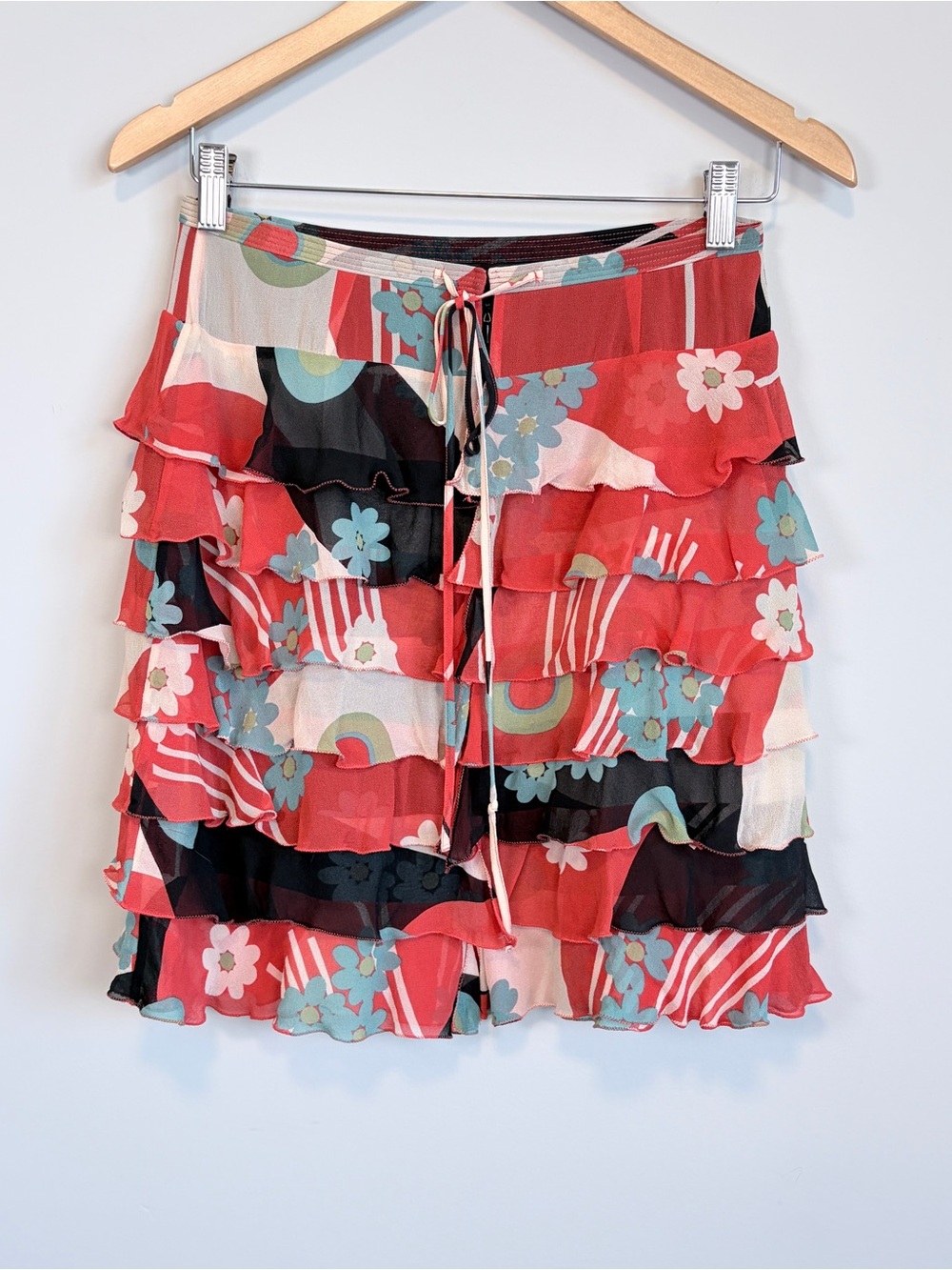 Marc Jacobs Y2K 100% Silk Tiered Ruffle Mini Skirt Abstract Floral Print Size 4 - Picture 7 of 16